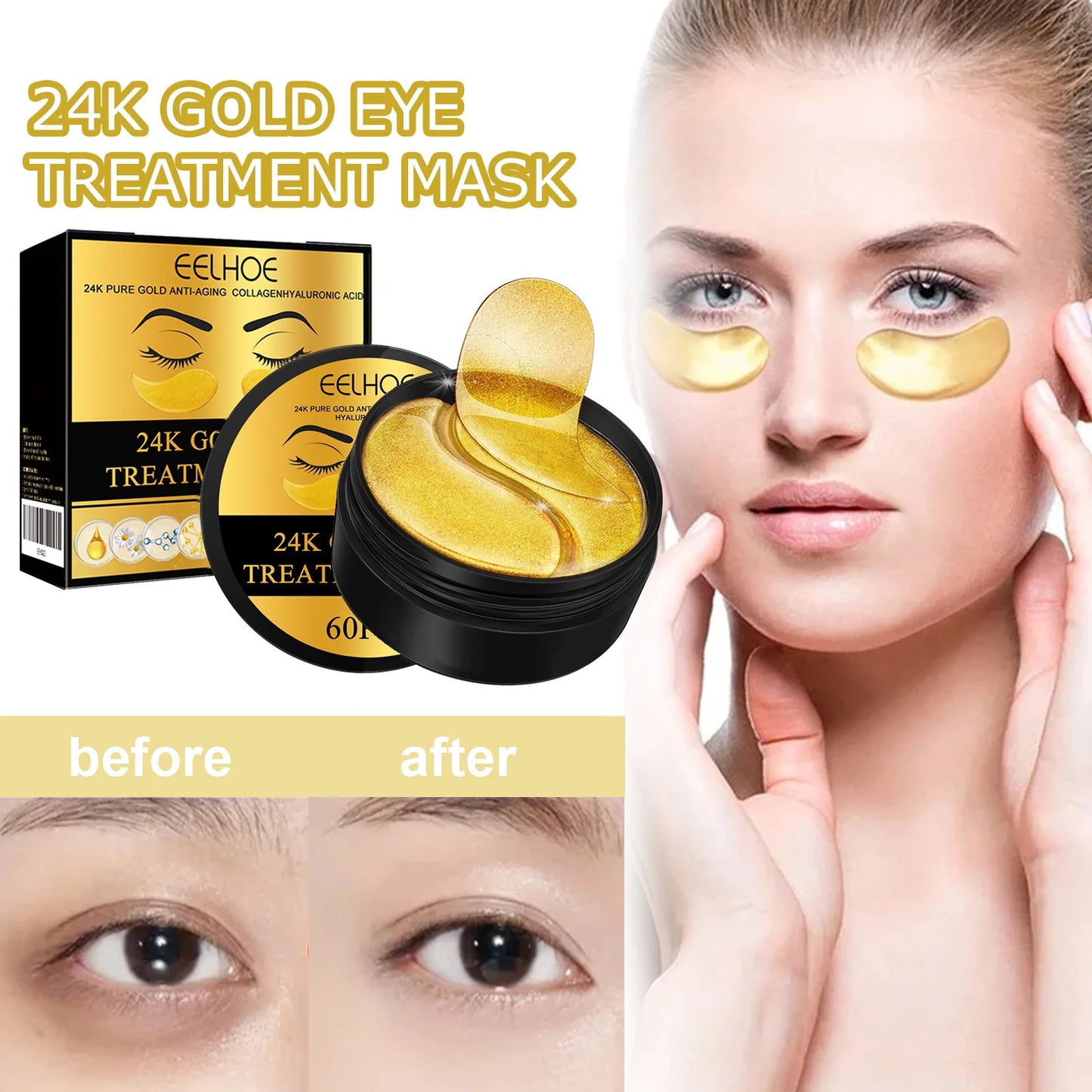 60PCS 24K Gold Eye Mask Anti Dark Circles Removal