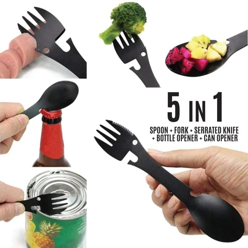 5-in-1 Utility Tactical Spork, Stainless Steel Spoon & Bottle Opener