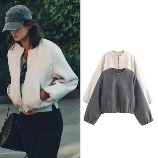 Ladies Fashion Autumn Jacket Women Round Neck