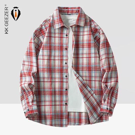 Men Shirt Plaid Flannel Long Sleeve Oversized Loose Cotton