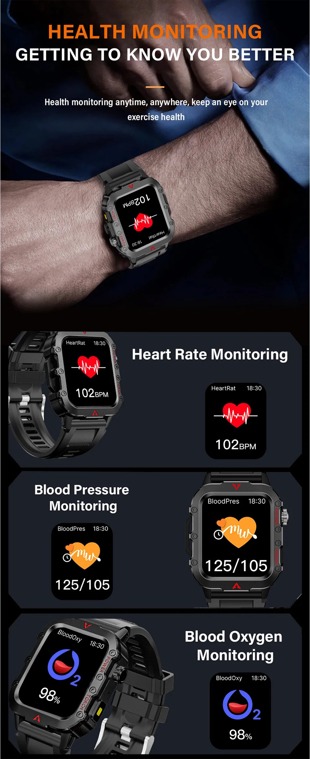 Men Sports Smart Watch 1.71 Screen Blood Oxygen Bluetooth