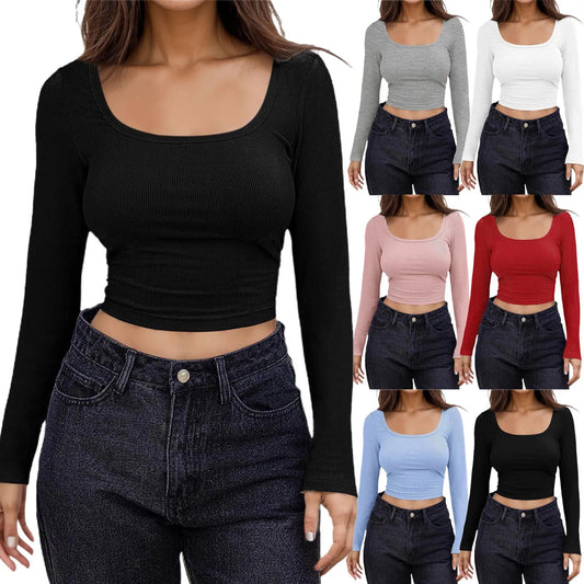Women Long Sleeve Scoop Neck Shirts Casual Slim