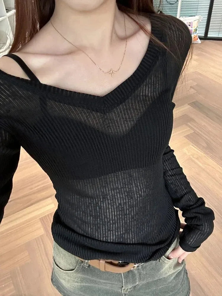 Women Long Sleeve T Shirt Thin Perspective Summer Solid Slim Casual Shirts