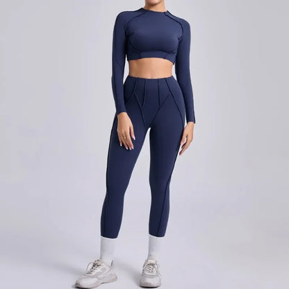 Seamless Yoga Sets Sports Fitness Hip-lifting High Waist Pleated Pants Long-sleeved Suits