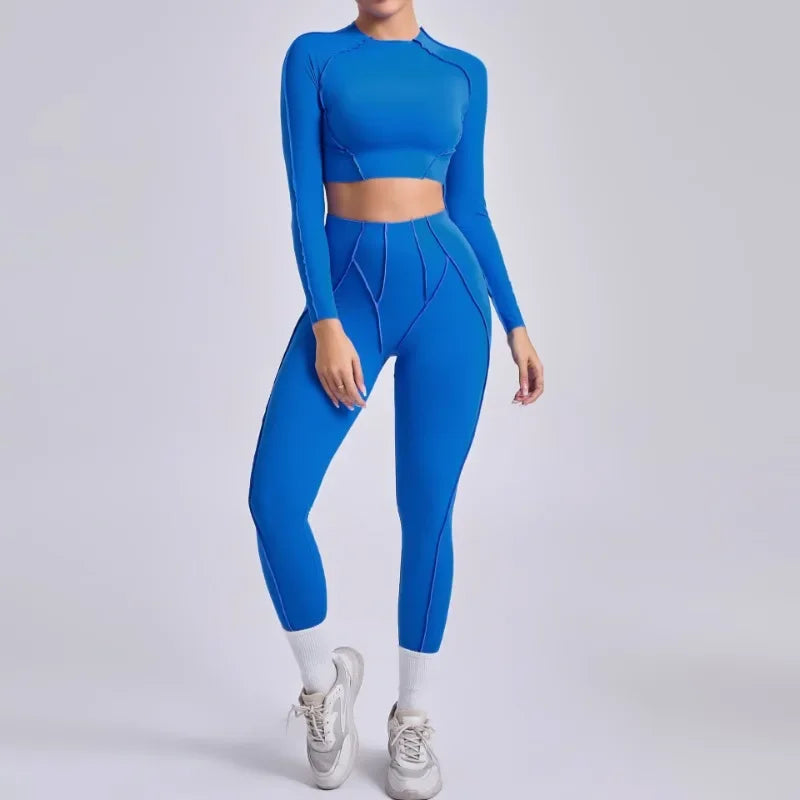 Seamless Yoga Sets Sports Fitness Hip-lifting High Waist Pleated Pants Long-sleeved Suits