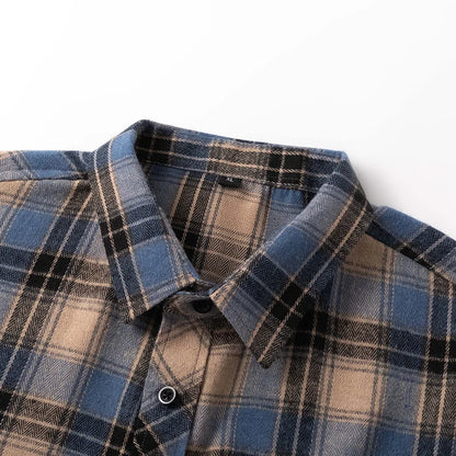 Men Shirt Plaid Flannel Spring Autumn Long Sleeve Blue Loose Men's Casual Shirt