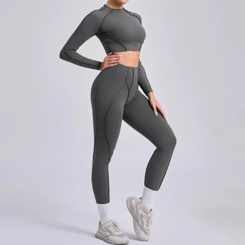 Seamless Yoga Sets Sports Fitness Hip-lifting High Waist Pleated Pants Long-sleeved Suits