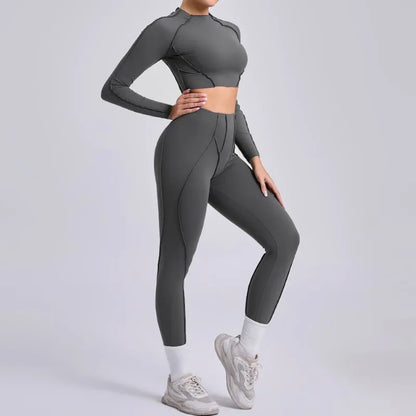 Seamless Yoga Sets Sports Fitness Hip-lifting High Waist Pleated Pants Long-sleeved Suits