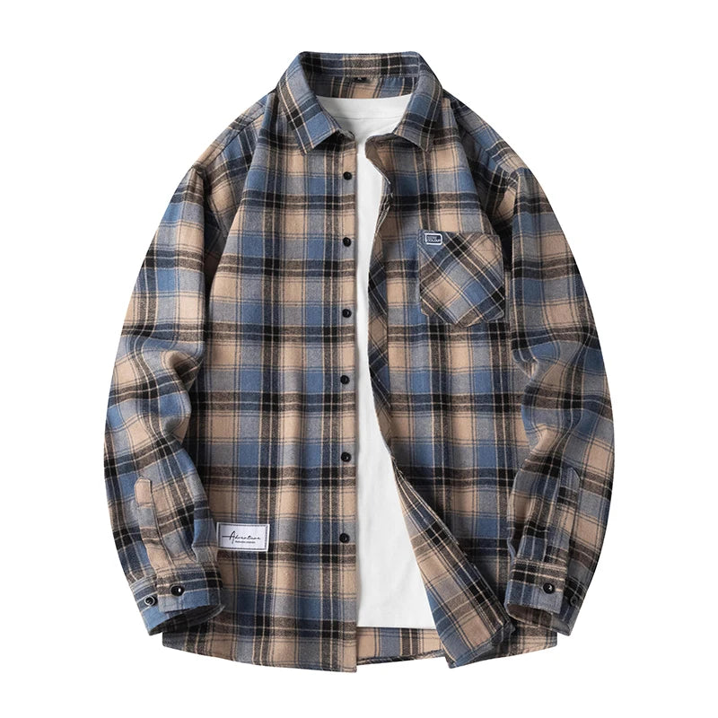 Men Shirt Plaid Flannel Spring Autumn Long Sleeve Blue Loose Men's Casual Shirt