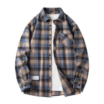 Men Shirt Plaid Flannel Spring Autumn Long Sleeve Blue Loose Men's Casual Shirt