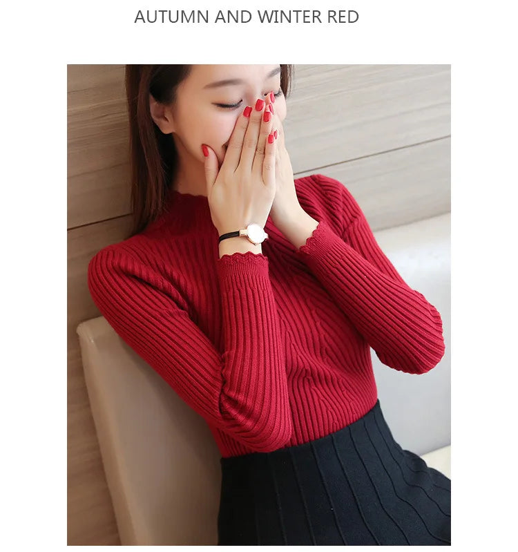 2025 Autumn Women Mock Neck Ruffles Sweater