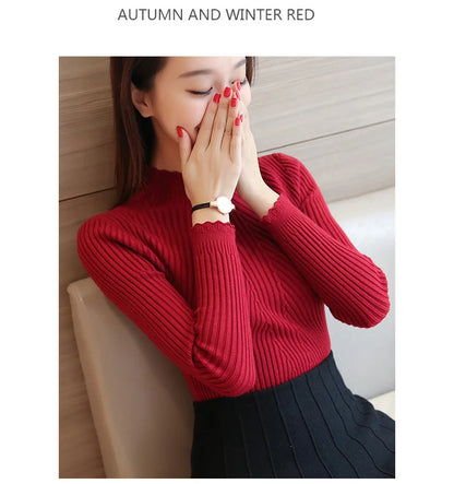 2025 Autumn Women Mock Neck Ruffles Sweater