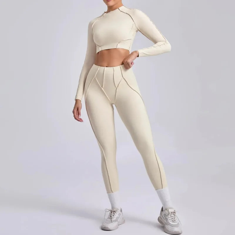 Seamless Yoga Sets Sports Fitness Hip-lifting High Waist Pleated Pants Long-sleeved Suits