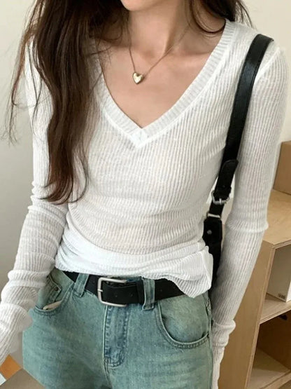 Women Long Sleeve T Shirt Thin Perspective Summer Solid Slim Casual Shirts