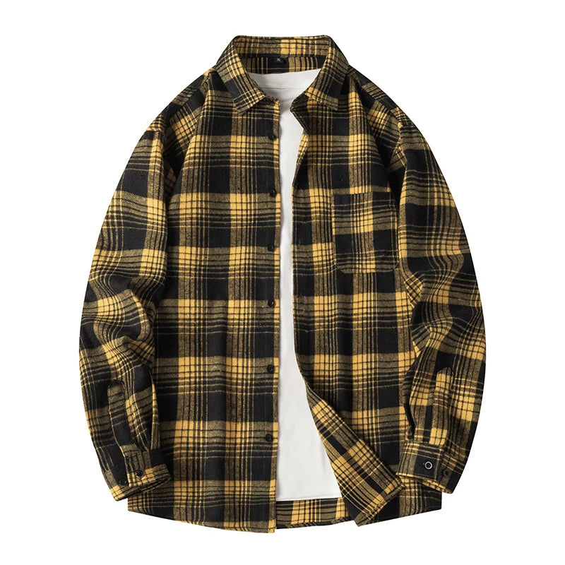Men Shirt Plaid Flannel Spring Autumn Long Sleeve Blue Loose Men's Casual Shirt