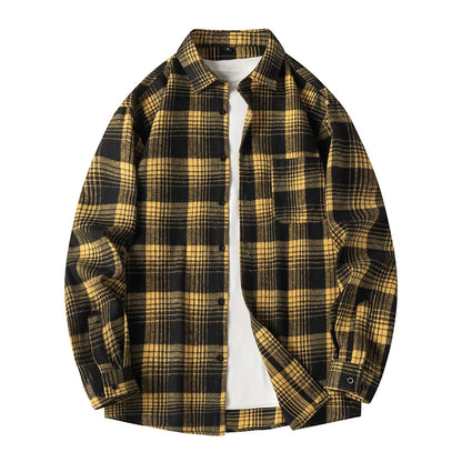 Men Shirt Plaid Flannel Spring Autumn Long Sleeve Blue Loose Men's Casual Shirt