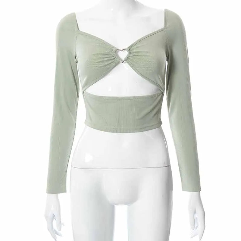 Hollow-Out V-neck Long Sleeve Crop Tops Spring Fall