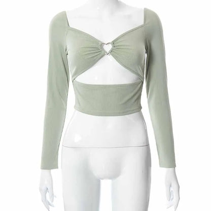 Hollow-Out V-neck Long Sleeve Crop Tops Spring Fall
