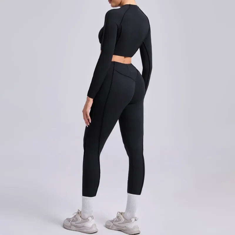 Seamless Yoga Sets Sports Fitness Hip-lifting High Waist Pleated Pants Long-sleeved Suits