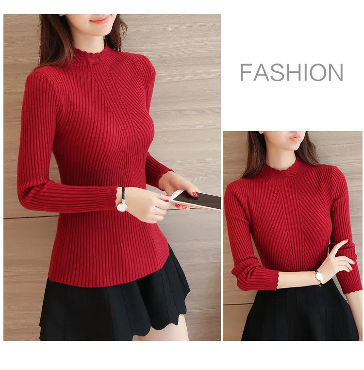 2025 Autumn Women Mock Neck Ruffles Sweater