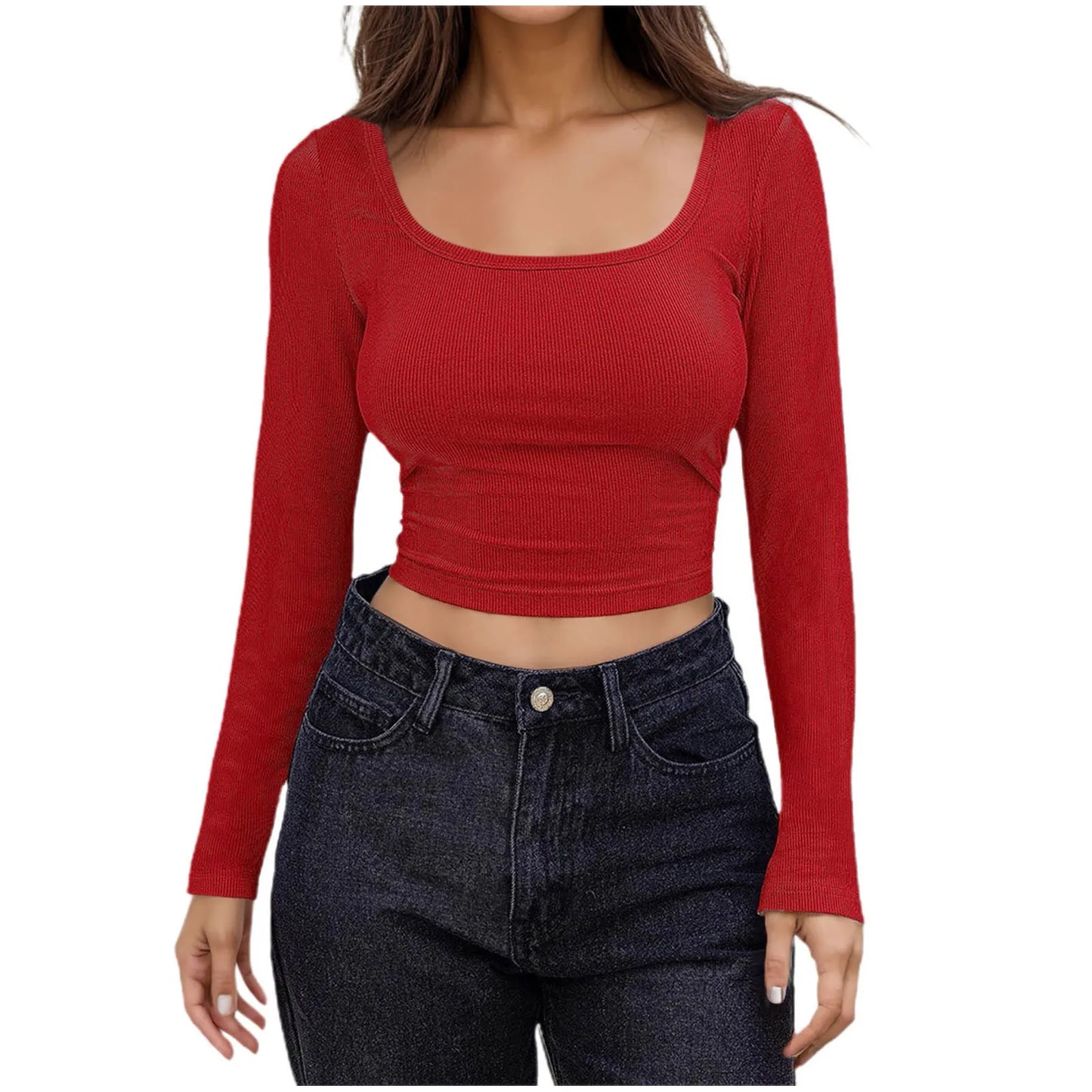 Women Long Sleeve Scoop Neck Shirts Casual Slim