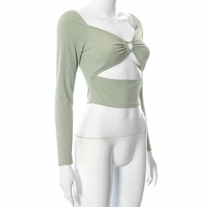Hollow-Out V-neck Long Sleeve Crop Tops Spring Fall