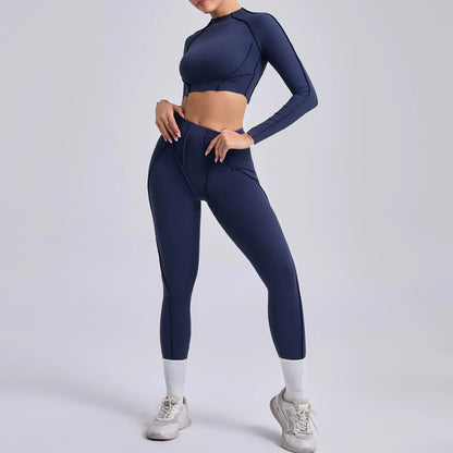 Seamless Yoga Sets Sports Fitness Hip-lifting High Waist Pleated Pants Long-sleeved Suits