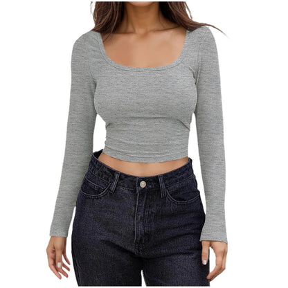 Women Long Sleeve Scoop Neck Shirts Casual Slim