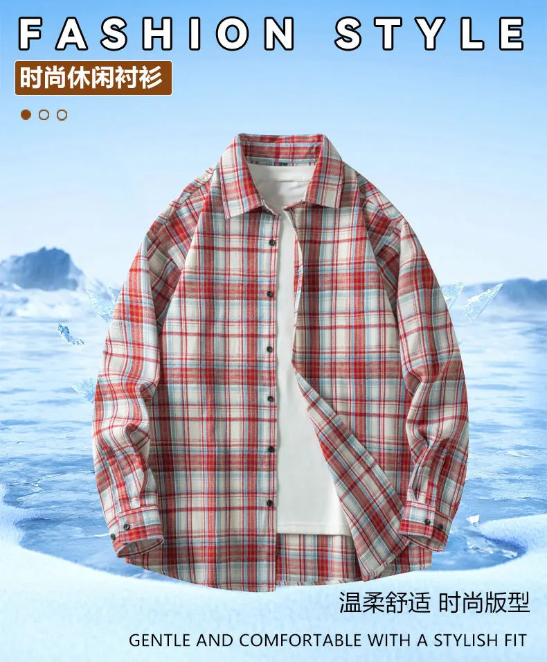 Men Shirt Plaid Flannel Long Sleeve Oversized Loose Cotton
