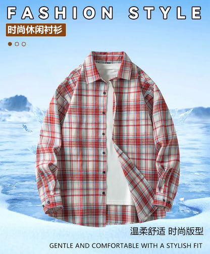 Men Shirt Plaid Flannel Long Sleeve Oversized Loose Cotton