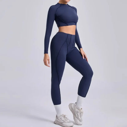 Seamless Yoga Sets Sports Fitness Hip-lifting High Waist Pleated Pants Long-sleeved Suits