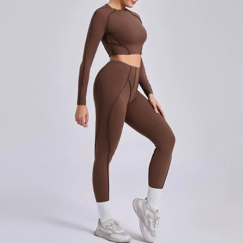 Seamless Yoga Sets Sports Fitness Hip-lifting High Waist Pleated Pants Long-sleeved Suits