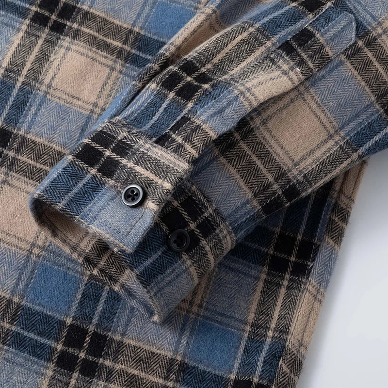 Men Shirt Plaid Flannel Spring Autumn Long Sleeve Blue Loose Men's Casual Shirt