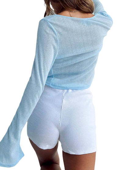 Fall Ladies Crop Top Long Sleeve Tie-up