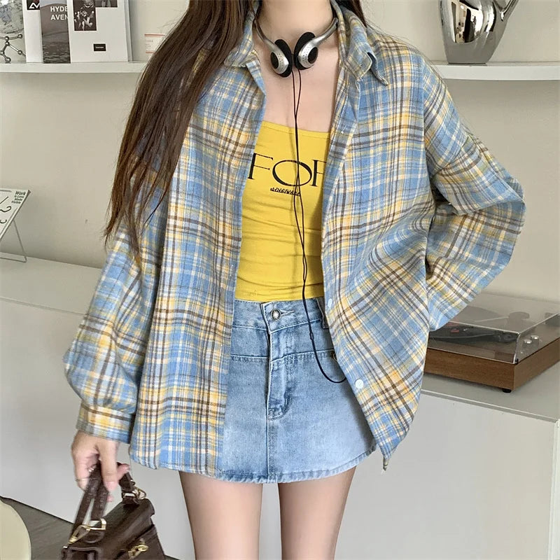 Women Tartan Shirt Long Sleeve Collared Button Up Oversized Plaid Shirt