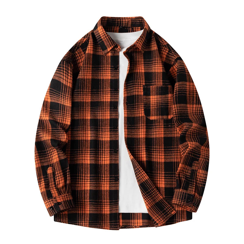 Men Shirt Plaid Flannel Spring Autumn Long Sleeve Blue Loose Men's Casual Shirt