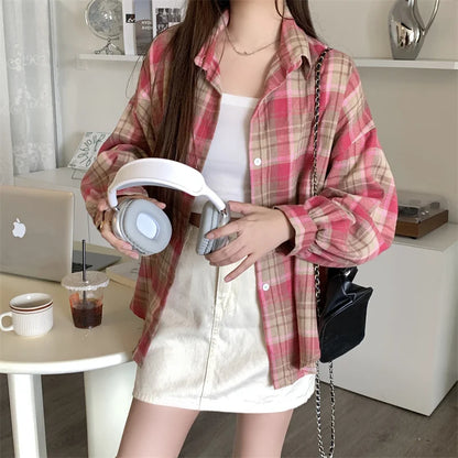 Women Tartan Shirt Long Sleeve Collared Button Up Oversized Plaid Shirt