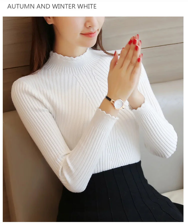 2025 Autumn Women Mock Neck Ruffles Sweater