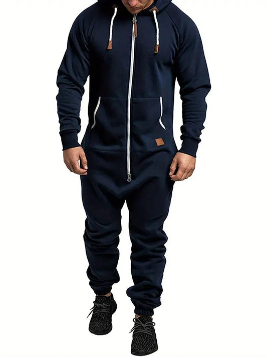 Men's hooded fleece lined jumpsuit, long sleeved full zip jumpsuit with kangaroo bag