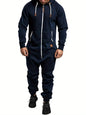 Men's hooded fleece lined jumpsuit, long sleeved full zip jumpsuit with kangaroo bag