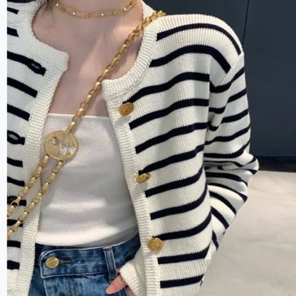 Women Stripe Knitted Cardigans Spring Autumn O-neck