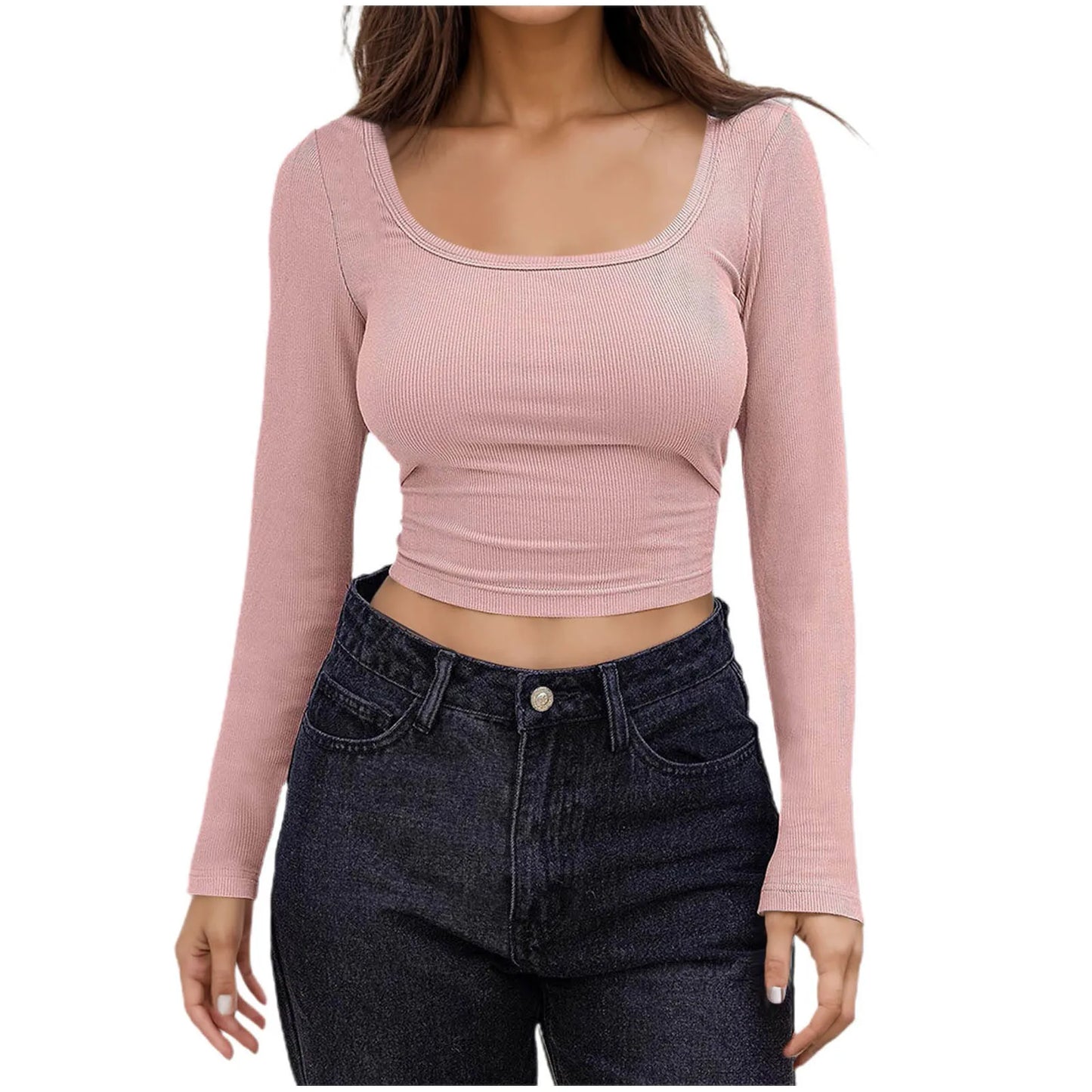Women Long Sleeve Scoop Neck Shirts Casual Slim