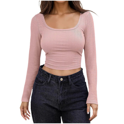 Women Long Sleeve Scoop Neck Shirts Casual Slim