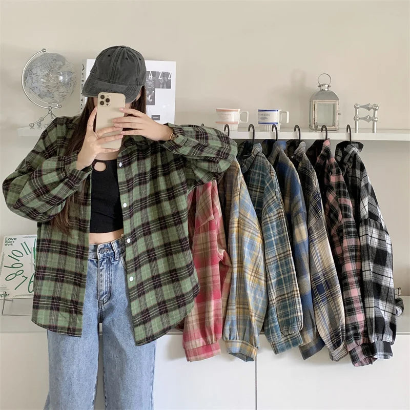 Women Tartan Shirt Long Sleeve Collared Button Up Oversized Plaid Shirt