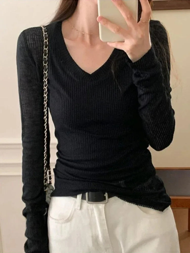 Women Long Sleeve T Shirt Thin Perspective Summer Solid Slim Casual Shirts