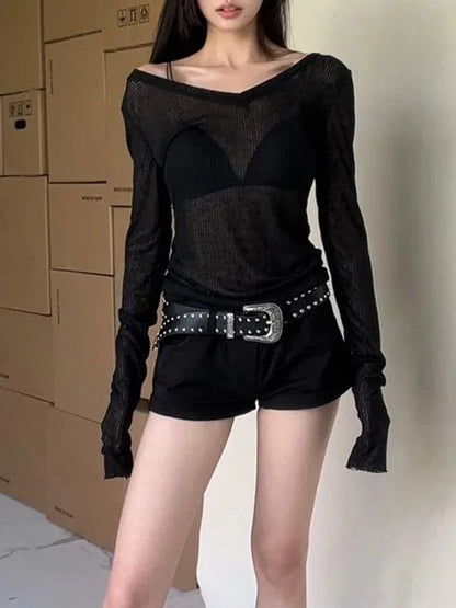 Women Long Sleeve T Shirt Thin Perspective Summer Solid Slim Casual Shirts