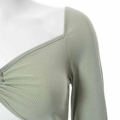 Hollow-Out V-neck Long Sleeve Crop Tops Spring Fall