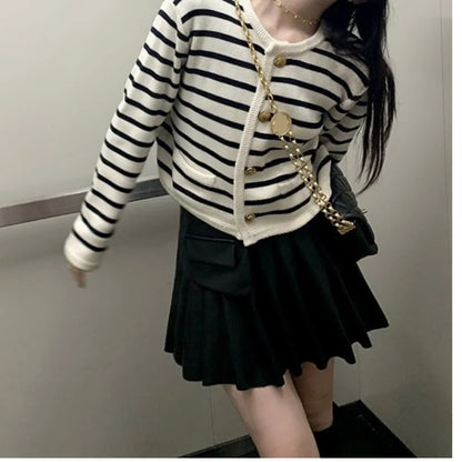 Women Stripe Knitted Cardigans Spring Autumn O-neck