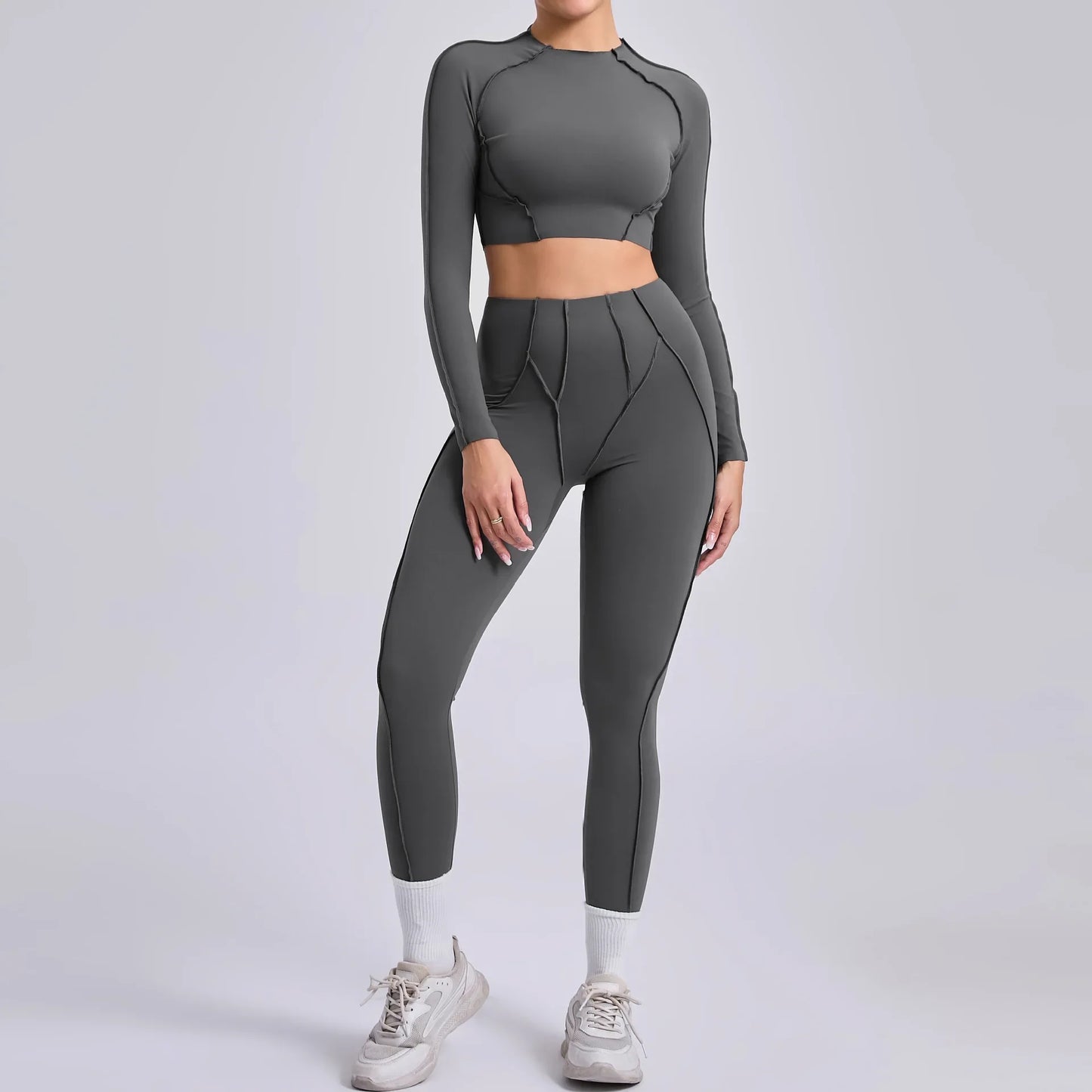 Seamless Yoga Sets Sports Fitness Hip-lifting High Waist Pleated Pants Long-sleeved Suits