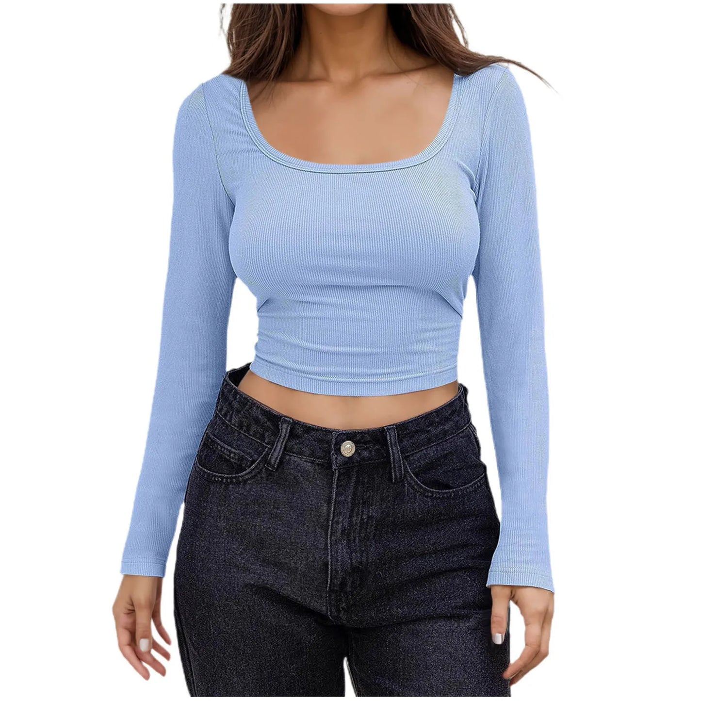 Women Long Sleeve Scoop Neck Shirts Casual Slim